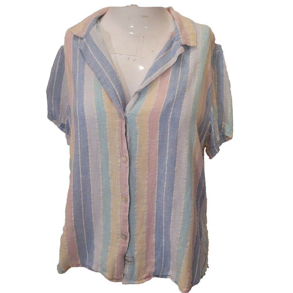 Rails Small shirt linen top button front pastel striped collar metallic